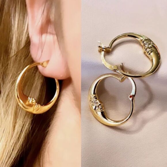 Gold moon hoop earrings A173 - Picture 1 of 3